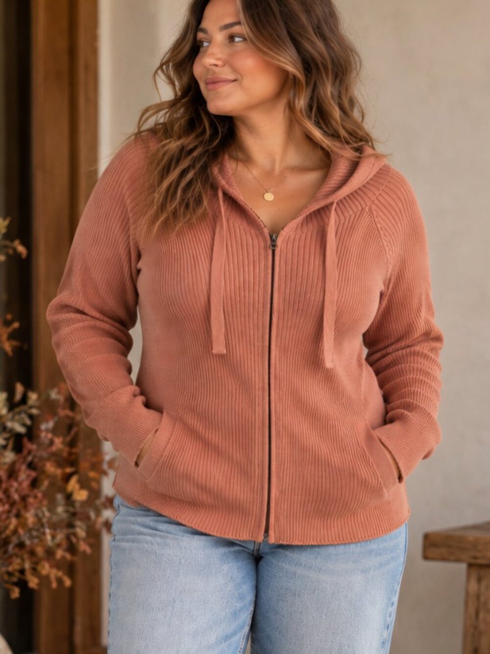 Jackson Rowe Ribbed Knit Full Zip Hoodie Cardigan Sweater
